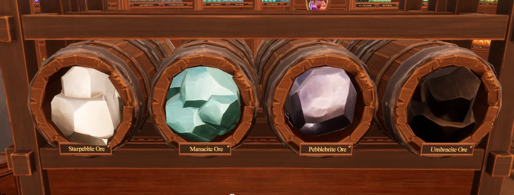 Labeled ore barrels containing differently colored stones