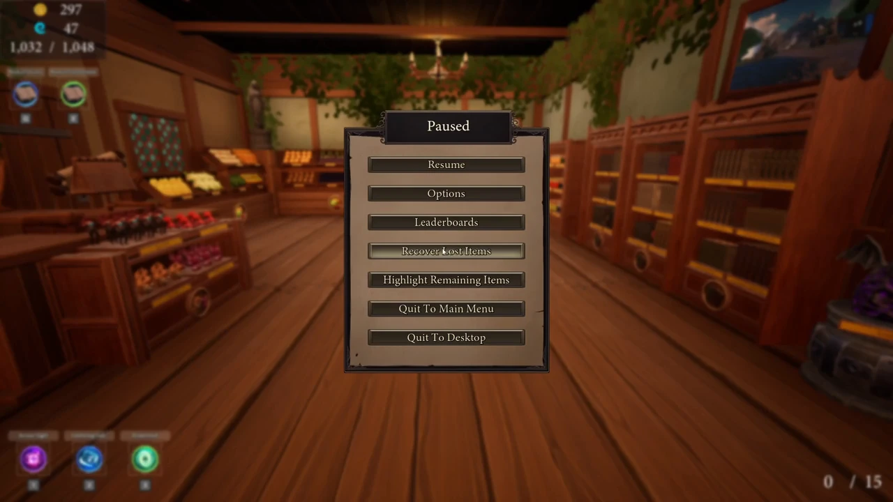 Pause menu showing Recover Lost Items above Highlight Remaining Items
